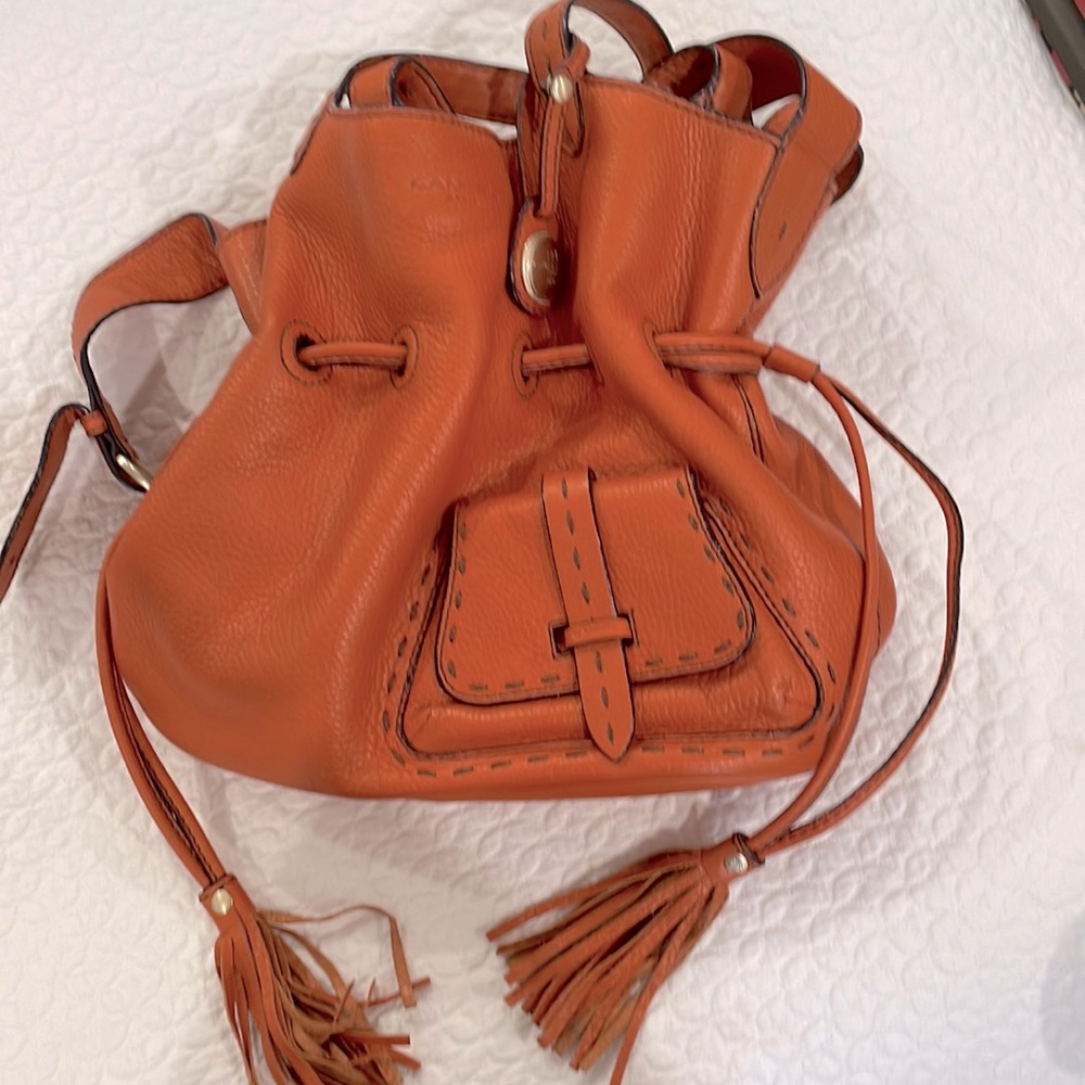 Lancel Paris orange leather bucket bag
